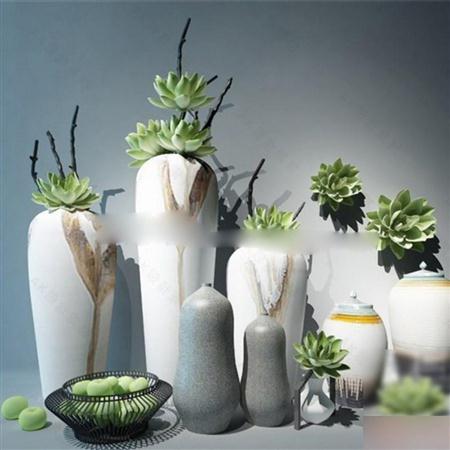 新中式纯色陶罐花瓶装饰组合